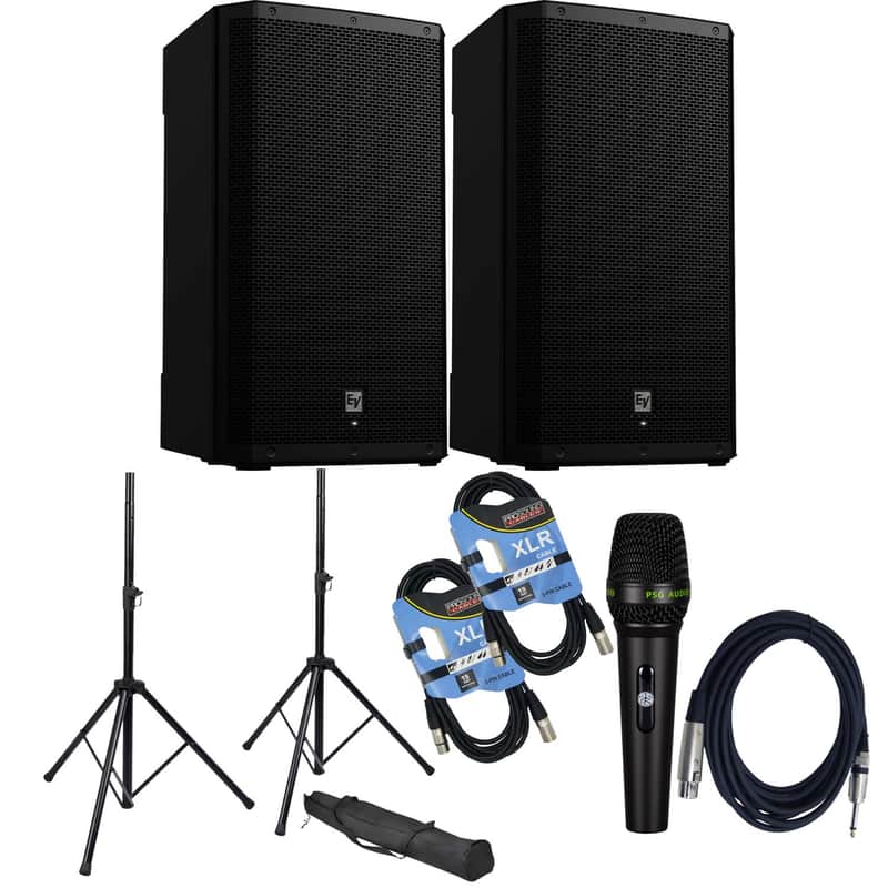 (2) Electro-Voice ZLX-15P-G2 15″ 1000W Powered Speaker, (2) Speaker Stands, (2) XLR Cable, PSG Audio C350 Bundle image 1