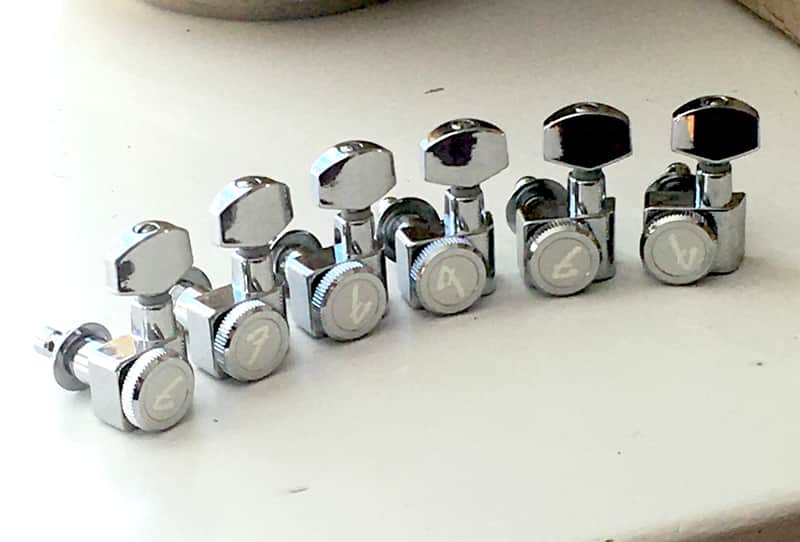 6 LEFTY Genuine Fender CHROME LOCKING Tuners Inline 2 Pin F Logo Machines Staggered NOS Left Hand Two-Pin Mount image 1