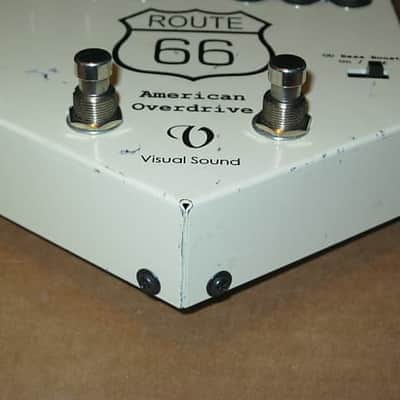 used Visual Sound Route 66 Overdrive & Compression 1st ver of orig model RT66 (late 1990s) only works with adapter (NOT included), has battery clip - but can't power a battery clip (don't know why) + new feet & strings image 2