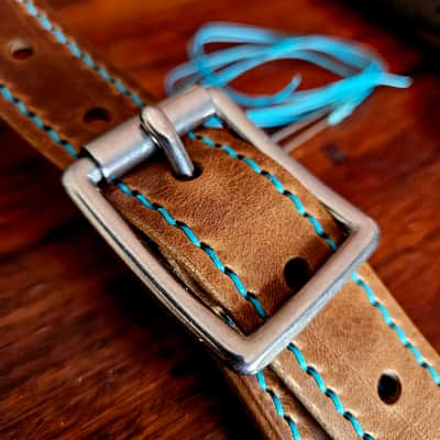 Hand Made, Hand Stitched Guitar strap "Rockatansky" in Taupe & Turquoise- Vegetable Tanned Leather image 12