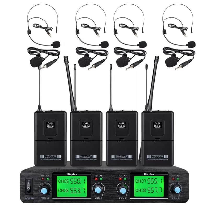 4 Channel UHF Wireless Microphone System with 4 Lavalier, Bodypack, and Headset Mics – Perfect for Music and Musicians in Church image 1