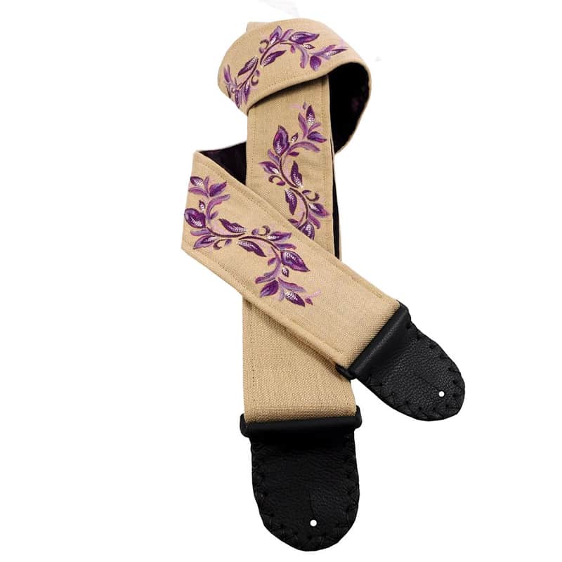 Plum and Wheat Silk Guitar Strap Handmade Embroidered Variegated Floral Design One of A Kind image 1