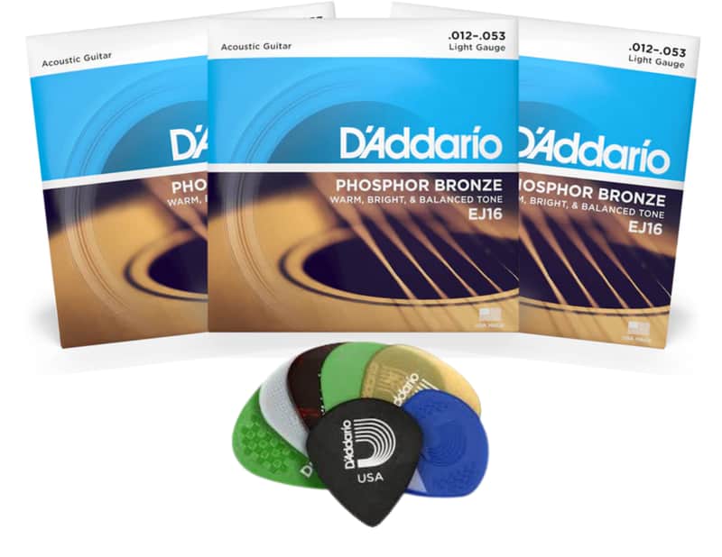 D'Addario 3 EJ16 Phosphor Bronze strings 12|53 + Light Acoustic Guitar pick variety pack image 1