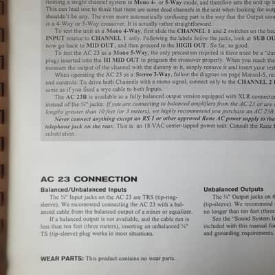 Operator's Manual for Rane AC 23 Active Crossover image 1