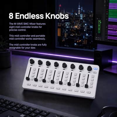 M-VAVE SMC-Mixer Wireless MIDI Mixer Controller, Portable Bluetooth MIDI Controller with 43 Backlit Buttons, 8 Faders & 8 Knobs, USB MIDI Fader Controller (SMC-Mixer White) image 4