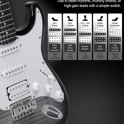 Beginner Electric Guitar Kit HSS Pickup, Versatile 5-Way Switch for Clean to High-Gain Tone, Full-Size ST Style Guitar for Starter & Intermediate Players, Gig Bag, Digital Tuner Black image 2