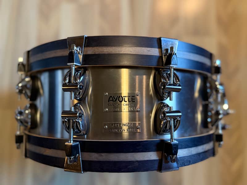 Ayotte-Keplinger 5.5x14 Stainless Steel Snare Drum with Wood Hoops image 1