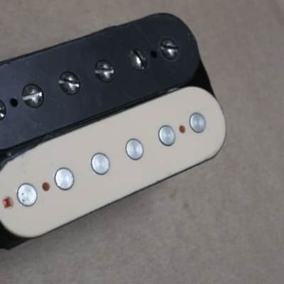 litely reliced player's wear StewMac Neck Humbucker Reverse Zebra (screws on black/flat poles on creme) 8.42k, Alnico 5, 50mm pole spacing, item # 101549 2000s-2010s, +screws/springs (orig 4 conductor wire shortened & 2 conductor wire added, Now 2 con) image 18