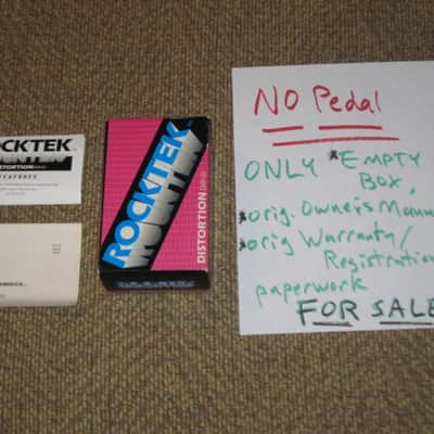 very lightly handed (very clean, but has some aging) Rocktek EMPTY BOX + original Owner's Manual & original Warranty/Registration paperwork ONLY for DIR-01 Distortion (NO pedal) mid to late 1980s, Cardboard, GRAPHICS on Lid: Pink,Blue,Black,Aged White image 1