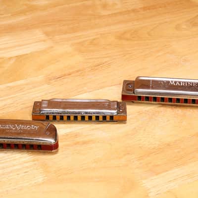 3 Vintage M Hohner Harmonicas Marine Band, Golden Melody & Blues Harp Keys G/C/G image 5