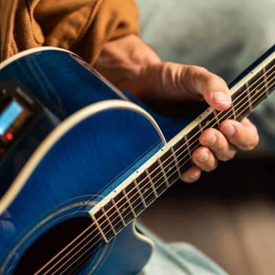 Washburn EA15TBL | Festival Series Mini Jumbo Cutaway Acoustic / Electric Guitar, Flame Transparent Blue image 7