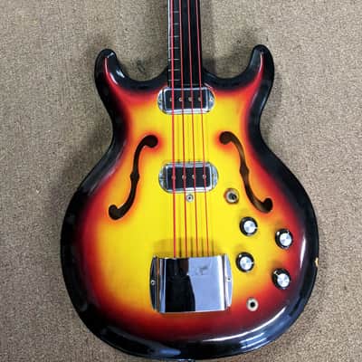 1965 Bartell (Hohner) Fretless Bass Guitar, Semi-Hollow, Pad, Case, Rare Sunburst, Woody Tone! image 2