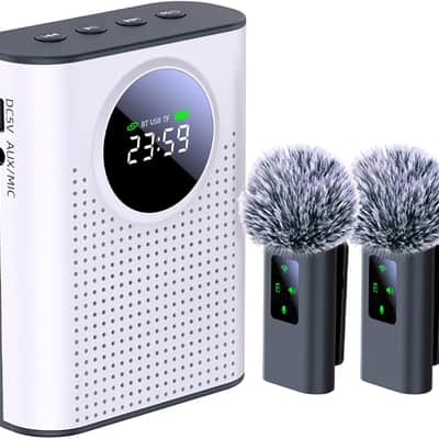 Voice Amplifier Wireless Microphone Dual for Teachers Classroom Rechargeable, Mini Lavalier Lapel Mic, Portable Speaker PA System with LED Display for Class, Tour Guide, Coaches, White image 1