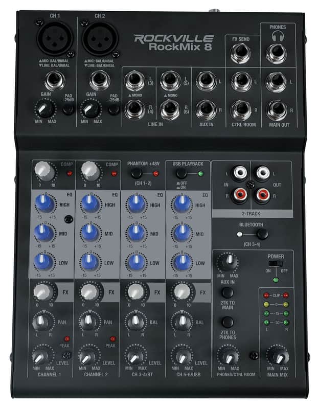 Rockville ROCKMIX 8 Channel Mixer w USB Recording Interface+Compressor+Bluetooth image 1
