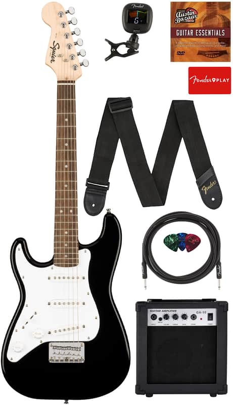 Fender Squier 3/4-Size Kids Mini Strat Electric Guitar, Left Handed - Black w/ Amplifier image 1