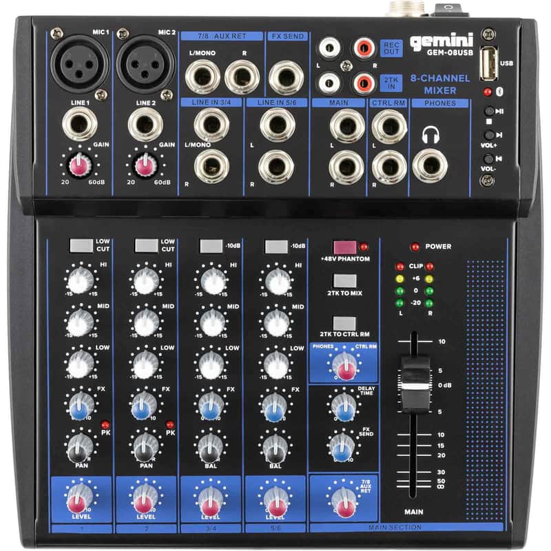 Gemini GEM-08USB 8 Channel USB Bluetooth Mixer for Live Sound & Mixing image 1