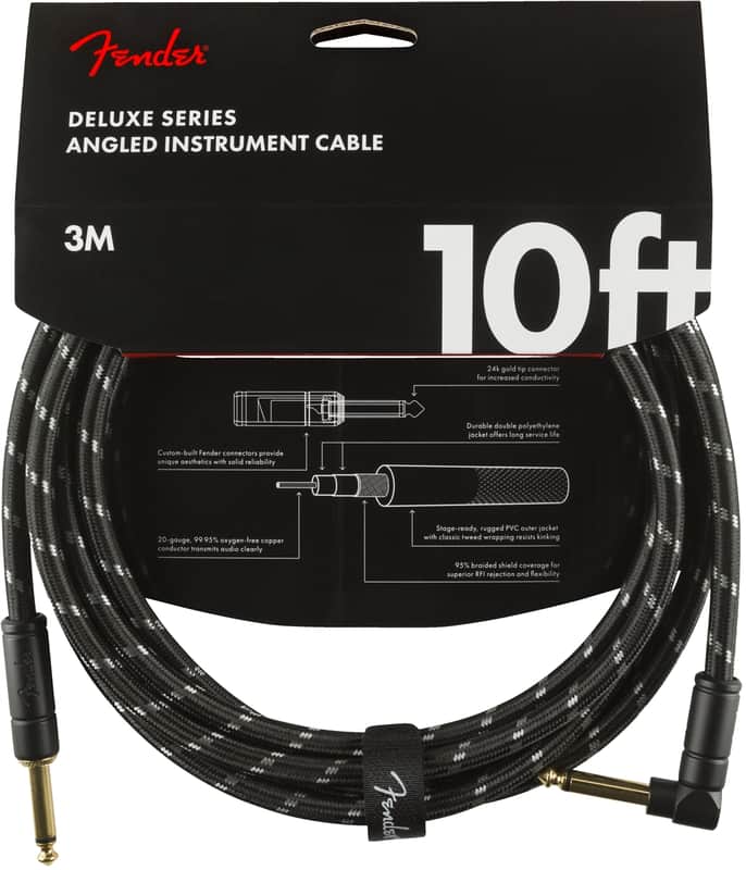 Genuine Fender Deluxe Series Instrument Cable, Straight/Angle, 10', Black Tweed image 1