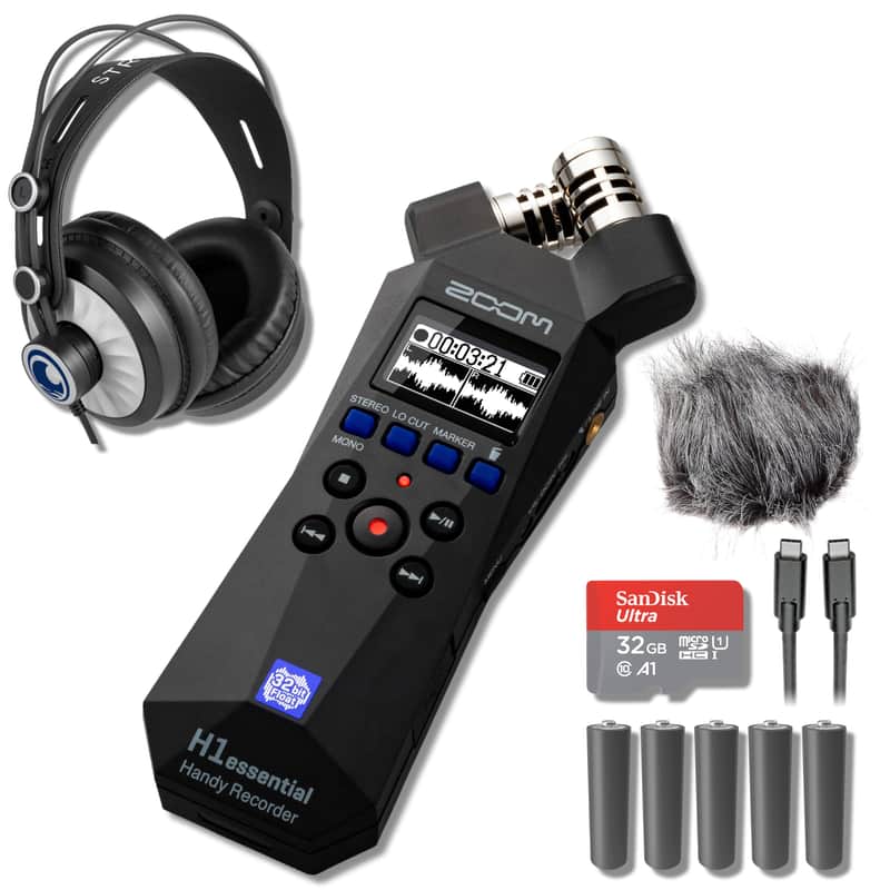 Zoom H1essential 2-Track 32-Bit Float Portable Audio Recorder with StreamEye Cans50 Professional Headphones, Zoom Furry Microphone Windscreen, 5 AAA Batteries, USB-C to USB-C Cable and 32GB microSD Card image 1