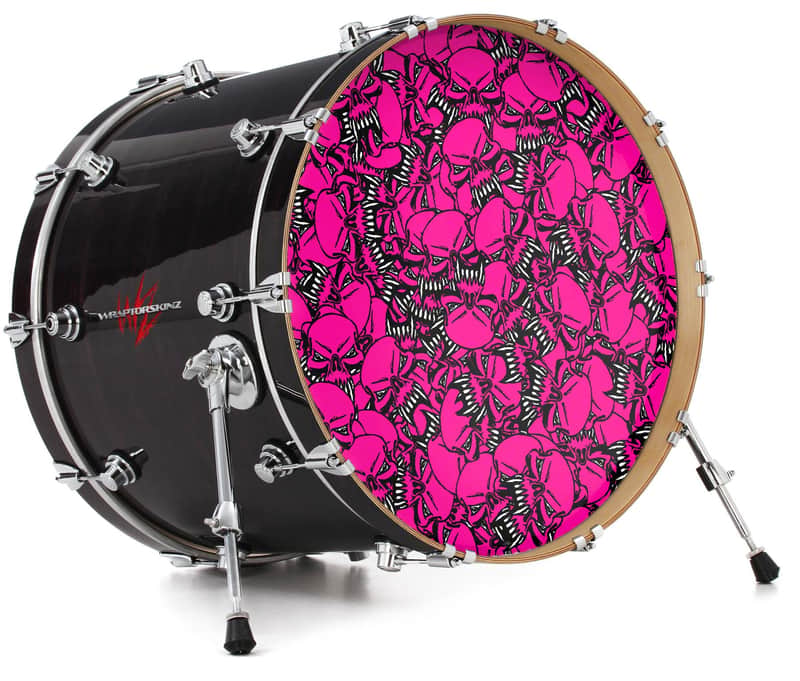 Skin Decal fits 26" Bass Kick Drums Scattered Skulls Hot Pink image 1