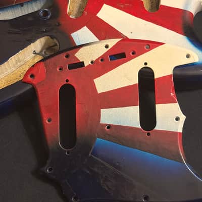 1965 Fender Mustang Vintage Original Japanese Flag Refin Over Olympic White Rising Sun Electric Guitar Body w/ Pickguard image 8