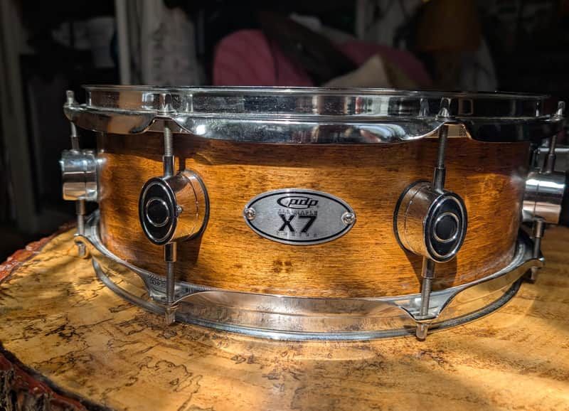 PDP X7 14x5 All-Maple Snare Drum 2010s - Originally finished in PDP’s Candy Apple Red FinishPly wrap. The factory wrap was later removed and the maple shell was stained and polyurethane-finished. image 1