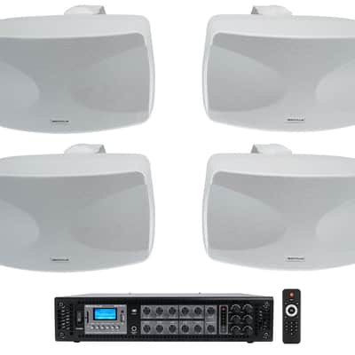 (4) Rockville WET-44 PRO Dual 4" 4-Way Swivel 70V Commercial Speakers in White+Amp image 1