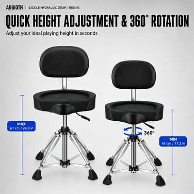 Augioth Drum Throne with Backrest Padded Hydraulic Drum Chair Height Adjustable Drum Stool with Stable Bass Comfortable Memory Foam Drum Seat for Adult Drummers Guitar Players Black image 7