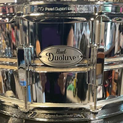 Pearl DUX1465BR Duoluxe 14x6.5" Chrome Over Brass Snare Drum 2021 - Present - Nicotine White Marine Pearl Inlay image 1