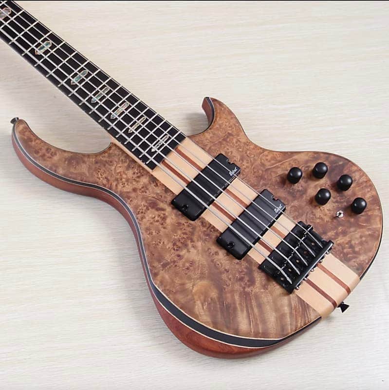 Custom 5 String Electric Bass, Burl Wood Top Okoume Body, Maple Neck Through, 24 Frets Fingerboard image 1