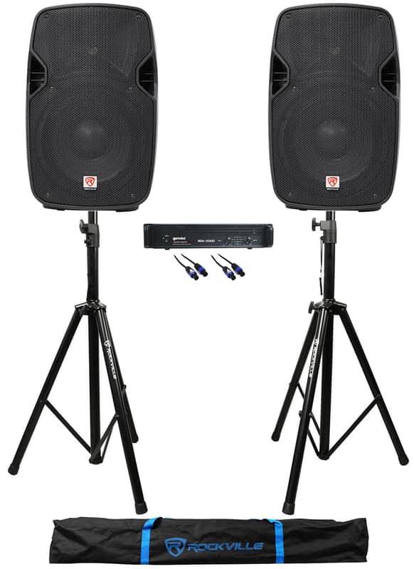 (2) Rockville SPGN108 10" 800w DJ/Pro PA Speakers+Gemini Amplifier+Stands+Cables image 1