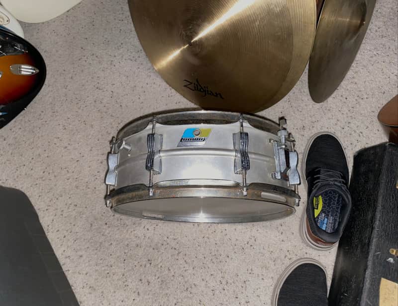 Ludwig No. 404 Acrolite 5x14" 8-Lug Aluminum Snare Drum with Pointed Blue/Olive Badge 1969 - 1979 - Matte Aluminum image 1