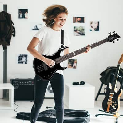Full Size Glarry 4 String Burning Fire enclosed H-H Pickup Electric Bass Guitar with 20W Amplifier/ Bag/ Black image 10