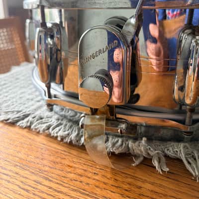 Slingerland No. 130 Gene Krupa Sound King 5x14" 8-Lug Chrome Over Brass Snare Drum with Zoomatic Strainer 1963 - 1977 - Chrome image 7