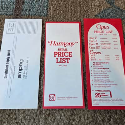 Vintage 1975 Harmony Instrument Price List w/ Opus Price List and Ampeg Reply Envelope! Rare, Original Case Candy, Paperwork! image 1