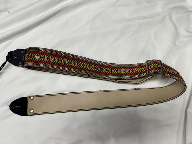 VINTAGE Retro Style Red, Yellow, Green, and Orange pattern 2" STRAP for GUITAR Cotton/Leather Metal Buckle image 1