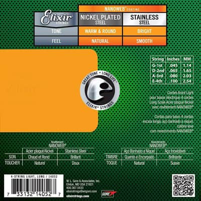 Elixir Strings Nickel Plated Steel 4-String Bass Strings w NANOWEB Coating, Long Scale, Light (.045-.100) image 2