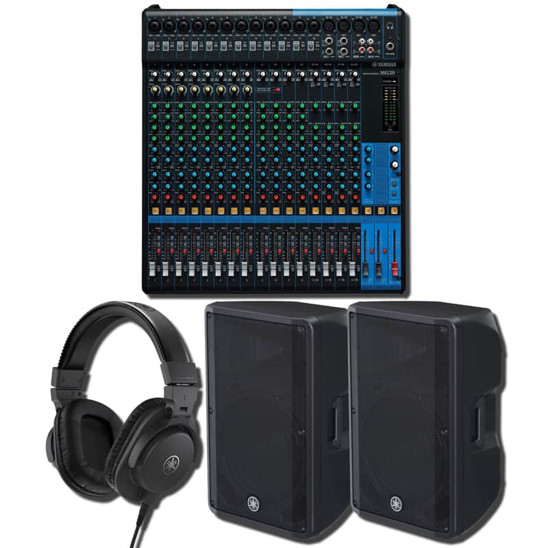 Yamaha MG20 20-Channel Analog Mixing Console with 2x DBR15 15-Inch 1,000W Powered Loudspeakers and HPH-MT5 Closed-Back Studio Monitor Headphones image 1