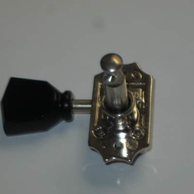 ONE near A+ genuine Gibson (Kluson) Deluxe Vintage Style Tuner for high D, A, low E side - PMMH model but with Black BUTTON (& says KLUSON DELUXE) + screws, washer, & nut with threaded shaft - HARDWARE: Nickel (from 2013 LPJ - NO guitar included) image 5