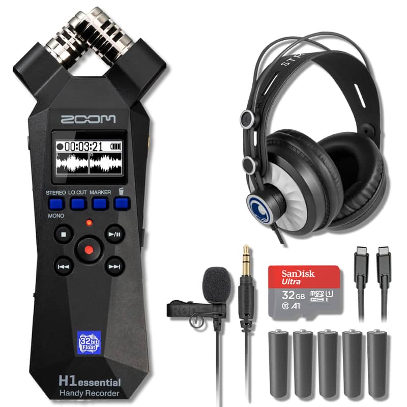 Zoom H1essential 2-Track 32-Bit Float Portable Audio Recorder with StreamEye Cans50 Professional Headphones, Lavalier GO Lav Mic, 5 AAA Batteries, USB-C to USB-C Cable and 32GB microSD Card image 1