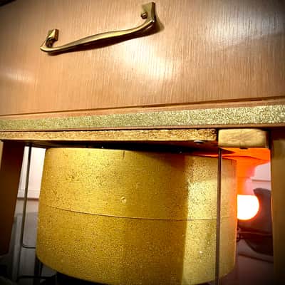 Rotary Connection Vibra-Table MINI PLUS! Leslie/Rotary guitar speaker cabinet/fliptop table with upfiring vintage 10” speaker and 12” downfiring into Leslie. Speed control foot switch. LIGHTS UP! 50 watts/16 ohms 2026 - Blonde wood / gold sparkle image 19