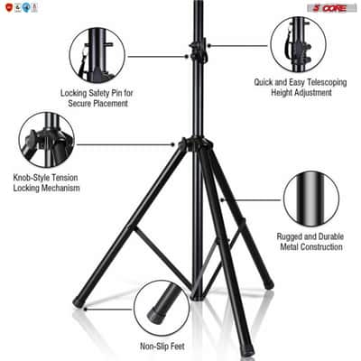 5Core Professional Speaker Stand Tripod Adjustable Heavy Duty Durable Steel Portable on stage or in Studio SS HD 2 PK image 2