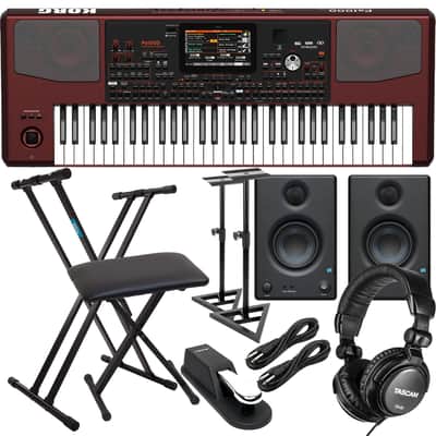 Korg Pa1000 61-Key Professional Arranger with Speakers, Keyboard Stand, Bench, Presonus Eris3.5, Monitors Stands, Sustain Pedal, Tascam TH02, (2) 1/4 Cables Bundle