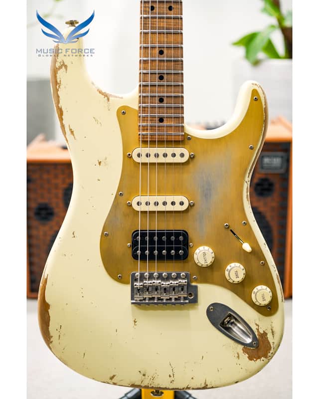Luxxtone Choppa S Heavy Aging HSS-Cream w/Gold Anodized Pickguard & 1-Piece Roasted Flame Maple Neck image 1