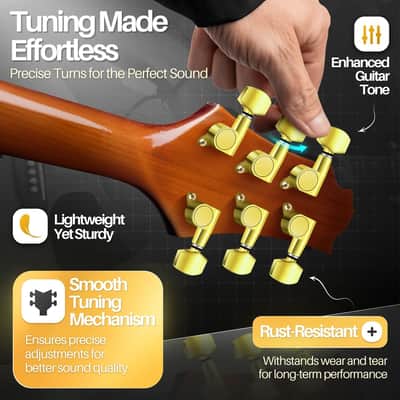 Acoustic Guitar Tuning Pegs - 3x3 Chrome Finish Acoustic and Electric Guitar Tuner Pegs - 6 Pieces Locking Keys String Tuner Machine Heads Knobs Replacement, Gold image 3