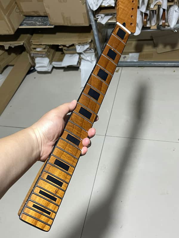 stainless steel 22 fretsReverse headstock 22 frets Roasted flame Maple guitar neck 25.5 inch black block 25.5inch hole 10mm Radius:9.5inches.satin tele image 1