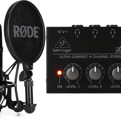 Rode NT1 Kit Condenser Microphone with SM6 Shock Mount and Pop Filter Bundle with Behringer MicroAMP HA400 4-channel Headphone Amplifier image 1