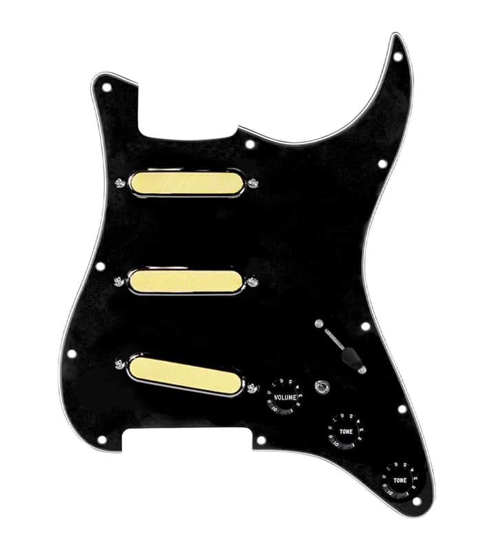 920D Custom Gold Foil Loaded Pickguard For Strat With Black Pickups and Knobs, Black Pickguard For Strat, and S7W-MT Wiring Harness image 1