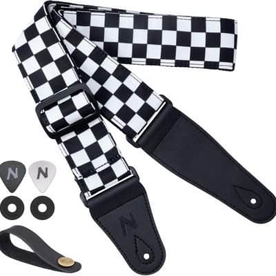 Guitar Strap-2" Wide Double Layer Cotton Original Design Adjustable Guitar Straps with Long Leather Ends for Bass, Electric & Acoustic, Best Gifts for Kids,Guitarists (White Grid) image 1