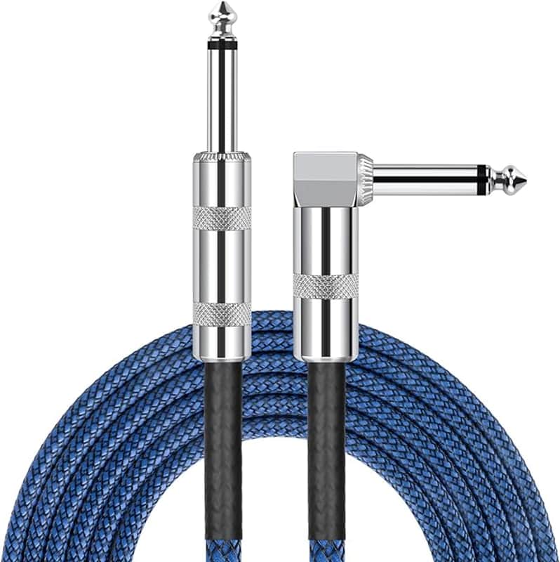 1/4 Inch Cable Guitar Cable 10 Ft Straight to Right Angle 1/4 Inch 6.35mm Plug Bass Keyboard Instrument Cable Blue and Black Tweed Cloth Jacket, Electric Mandolin, pro Audio image 1