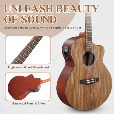 Cxxss 41-inch walnut top acoustic guitar with matte binding, comes with a 15W amplifier, bag, tuner, strings and other accessories - Natural Wood image 5
